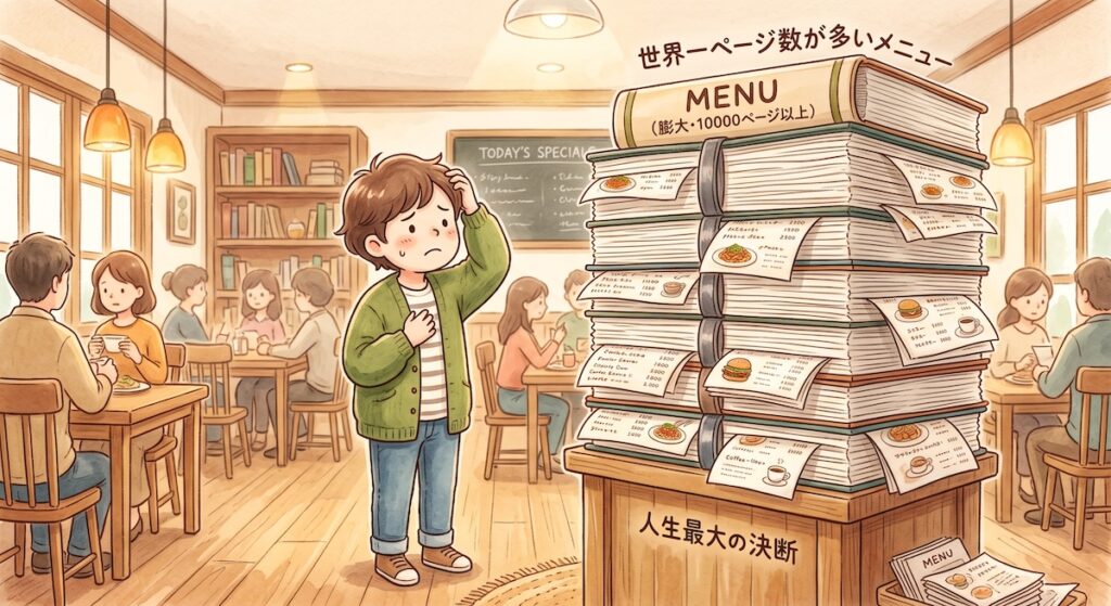 1000ページのメニューを前にして選べずに困っている子どものイラスト