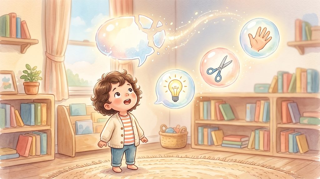 ひとつの言葉が「考える」「編集する」「見せる」という動詞に分かれていくイラスト