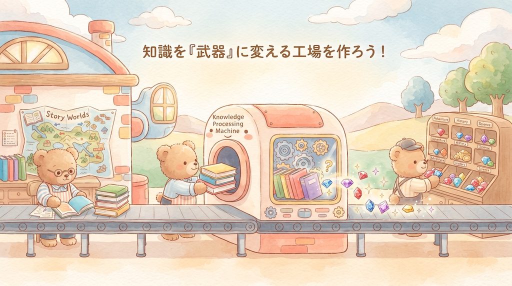 知識を武器に変える工場を作ろう、というイラスト。クマが地図で本を選び、機械に入れると本が宝石に変わり、できた宝石を棚に並べていく
