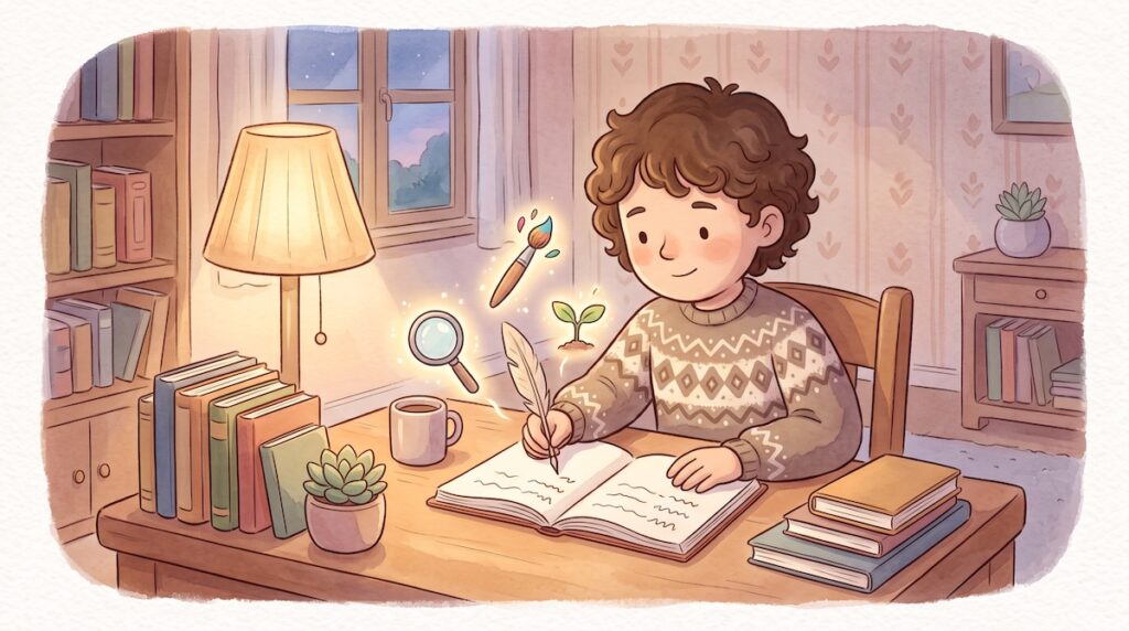 ノートに好きな動詞を書き出して自分のやりたいことを探している人のイラスト