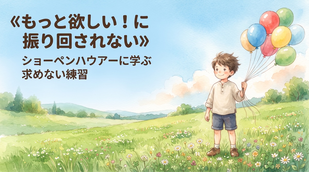 もっと欲しい！に振り回されない、ショーペンハウアーに学ぶ求めない練習、というタイトル画像。花の咲く草原で、たくさんの風船のひもを持った男の子が、穏やかな笑顔で立っている