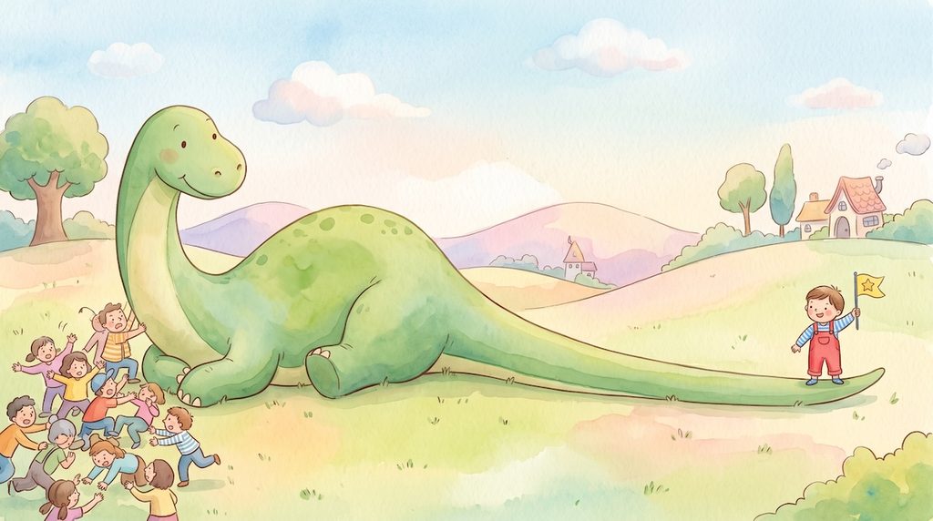 恐竜の長いしっぽの先に立つ子どものイラスト
