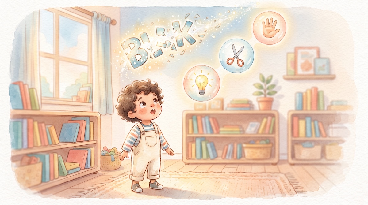 ひとつの言葉が「考える」「編集する」「見せる」という動詞に分かれていくイラスト