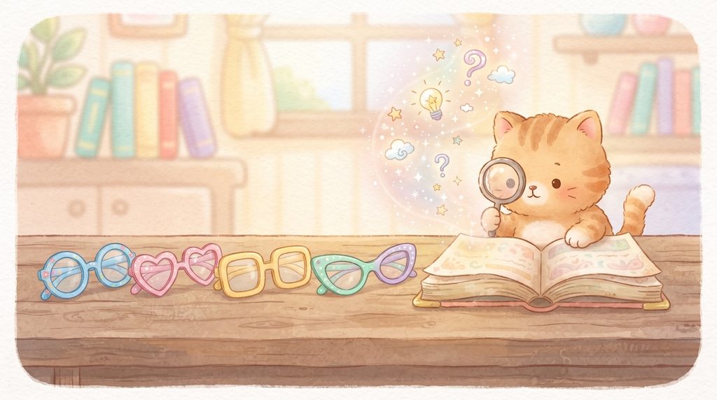 机に並んだ5つのカラフルなメガネと、その1つをのぞきこむネコ。開いた本から星やひらめきのマークが飛び出しているイラスト