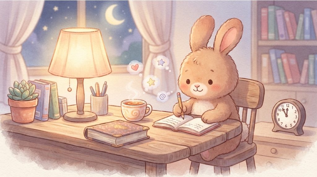 夜の机で、読み終えた本のとなりの小さなノートに鉛筆でメモを書いているウサギのイラスト