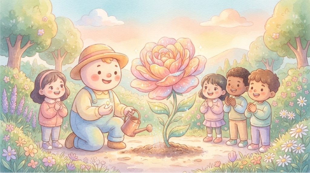 小さな種にじょうろで水をあげると大きな花が咲き、まわりの友だちが笑顔で喜んでいるイラスト
