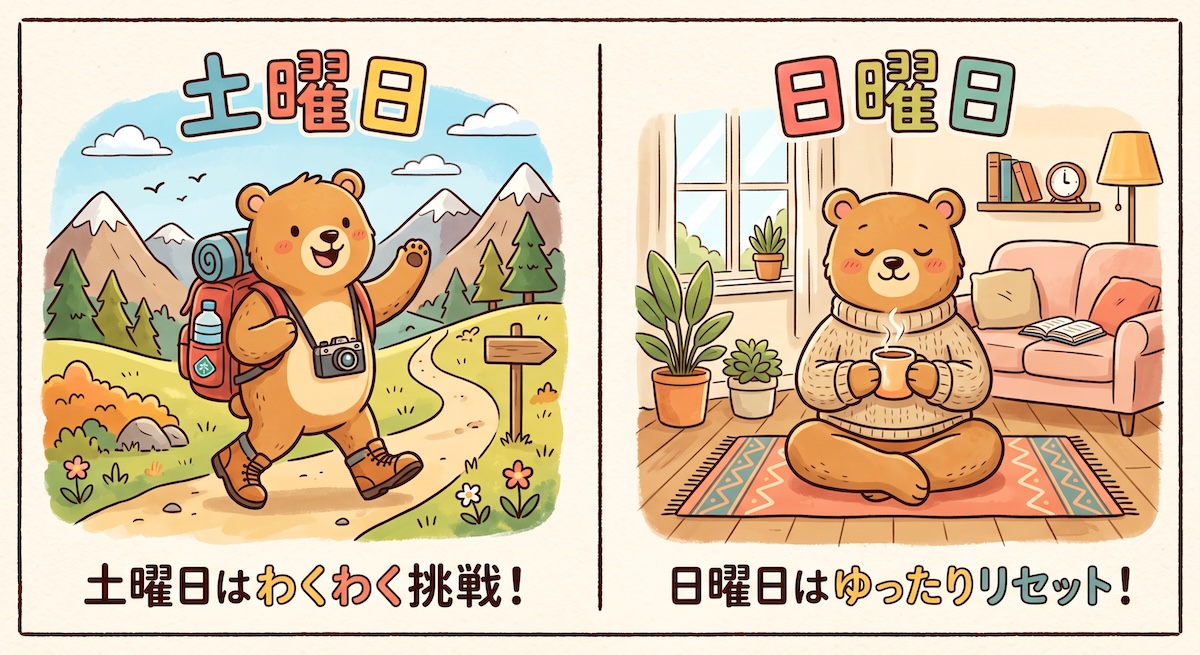 土曜日はわくわく挑戦、日曜日はゆったりリセット、というイラスト。左は土曜日に山道をハイキングするクマ、右は日曜日に部屋で温かい飲み物を持ってくつろぐクマ