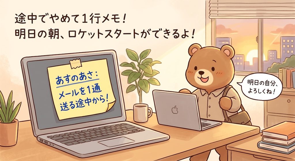 途中でやめて1行メモ、明日の朝ロケットスタートができるよ、というイラスト。夕方のオフィスで、クマがパソコンに「あすのあさ：メールを1通送る途中から！」と書いた付箋を貼り、明日の自分よろしくねと言って帰ろうとしている