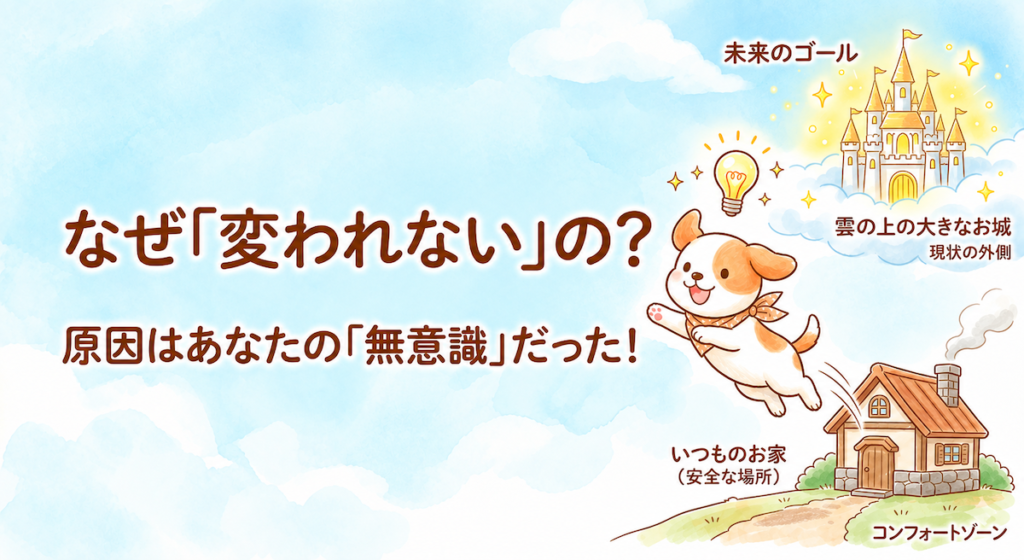 なぜ変われないの、原因はあなたの無意識だった、というタイトル画像。いつものお家を飛び出した子犬が、雲の上に輝く未来のゴールのお城に向かってジャンプしている